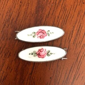 Antique Victorian Guilloche Sterling Silver Enameled Barrettes Hair Clips Pair